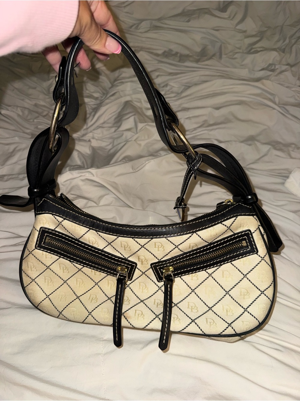 Dooney & Bourke Cream and Black Quilted Shoulder Bag with Double Zips
